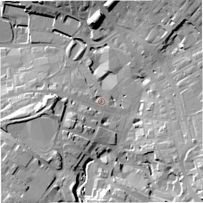 Shaded relief map of the ground around BB51JZ, computed from Environment Agency LiDAR. The ground here sits at about 134 m above sea level and falls 33 m across the surrounding 800 m. Surface water reaching this point runs off ground lying to the west-south-west, 8.5 m higher.