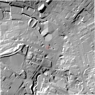 Shaded relief map of the ground around BB51LA, computed from Environment Agency LiDAR. The ground here sits at about 134 m above sea level and falls 33 m across the surrounding 800 m. Surface water reaching this point runs off ground lying to the south-west, 26.0 m higher.