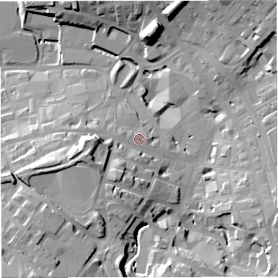 Shaded relief map of the ground around BB51LE, computed from Environment Agency LiDAR. The ground here sits at about 136 m above sea level and falls 36 m across the surrounding 800 m. Surface water reaching this point runs off ground lying to the west-south-west, 12.6 m higher.