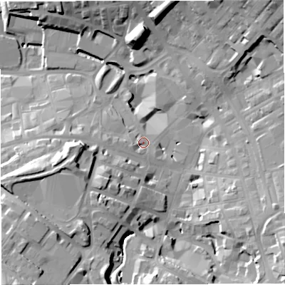 Shaded relief map of the ground around BB51LF, computed from Environment Agency LiDAR. The ground here sits at about 134 m above sea level and falls 32 m across the surrounding 800 m. Surface water reaching this point runs off ground lying to the west-south-west, 2.7 m higher.