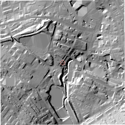 Shaded relief map of the ground around BB51LX, computed from Environment Agency LiDAR. The ground here sits at about 144 m above sea level and falls 46 m across the surrounding 800 m. Surface water reaching this point runs off ground lying to the south-west, 37.8 m higher.