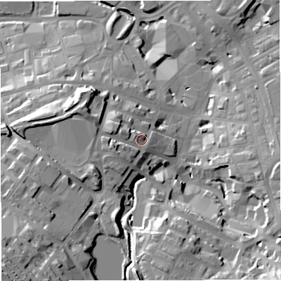 Shaded relief map of the ground around BB51LY, computed from Environment Agency LiDAR. The ground here sits at about 141 m above sea level and falls 42 m across the surrounding 800 m. Surface water reaching this point runs off ground lying to the west, 7.4 m higher.