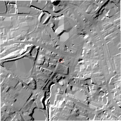 Shaded relief map of the ground around BB51NE, computed from Environment Agency LiDAR. The ground here sits at about 135 m above sea level and falls 38 m across the surrounding 800 m. Surface water reaching this point runs off ground lying to the west-south-west, 13.0 m higher.