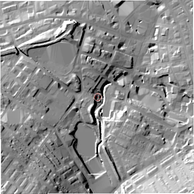 Shaded relief map of the ground around BB51NU, computed from Environment Agency LiDAR. The ground here sits at about 140 m above sea level and falls 47 m across the surrounding 800 m. Surface water reaching this point runs off ground lying to the south-west, 40.9 m higher.