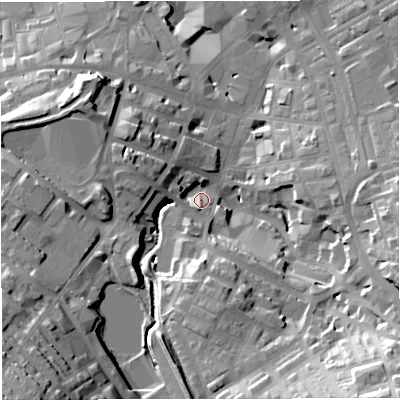 Shaded relief map of the ground around BB51PB, computed from Environment Agency LiDAR. The ground here sits at about 138 m above sea level and falls 42 m across the surrounding 800 m. Surface water reaching this point runs off ground lying to the south-west, 34.8 m higher.