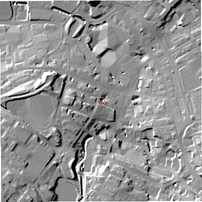 Shaded relief map of the ground around BB51PG, computed from Environment Agency LiDAR. The ground here sits at about 136 m above sea level and falls 40 m across the surrounding 800 m. Surface water reaching this point runs off ground lying to the west-south-west, 10.2 m higher.