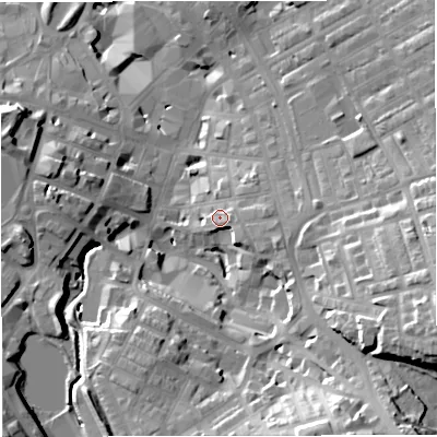 Shaded relief map of the ground around BB51PJ, computed from Environment Agency LiDAR. The ground here sits at about 140 m above sea level and falls 36 m across the surrounding 800 m. Surface water reaching this point runs off ground lying to the east-south-east, 6.5 m higher.