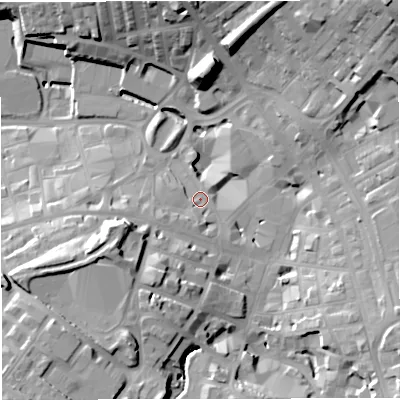 Shaded relief map of the ground around BB51PL, computed from Environment Agency LiDAR. The ground here sits at about 133 m above sea level and falls 31 m across the surrounding 800 m. Surface water reaching this point runs off ground lying to the west-south-west, 14.1 m higher.