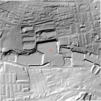 Shaded relief map of the ground around BB51PY, computed from Environment Agency LiDAR. The ground here sits at about 128 m above sea level and falls 43 m across the surrounding 800 m. The ground contributing surface water to this point lies to the north-west.
