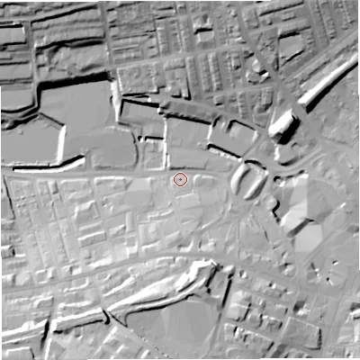 Shaded relief map of the ground around BB51QG, computed from Environment Agency LiDAR. The ground here sits at about 129 m above sea level and falls 39 m across the surrounding 800 m. Surface water reaching this point runs off ground lying to the south, 18.5 m higher.