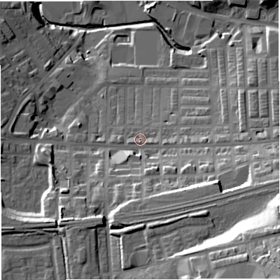 Shaded relief map of the ground around BB51SA, computed from Environment Agency LiDAR. The ground here sits at about 125 m above sea level and falls 52 m across the surrounding 800 m. Surface water reaching this point runs off ground lying to the east-south-east, 17.2 m higher.