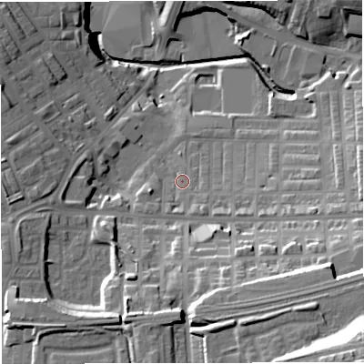 Shaded relief map of the ground around BB51SD, computed from Environment Agency LiDAR. The ground here sits at about 123 m above sea level and falls 45 m across the surrounding 800 m. Surface water reaching this point runs off ground lying to the south-east, 30.6 m higher.