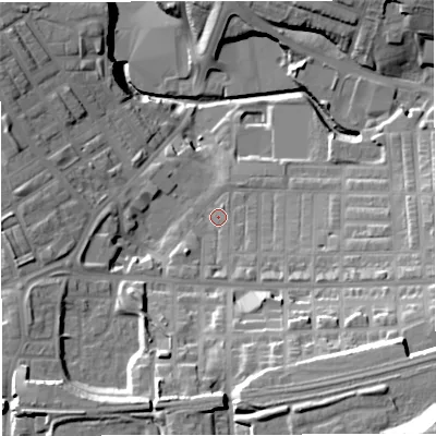 Shaded relief map of the ground around BB51SE, computed from Environment Agency LiDAR. The ground here sits at about 122 m above sea level and falls 42 m across the surrounding 800 m. Surface water reaching this point runs off ground lying to the south-east, 22.4 m higher.
