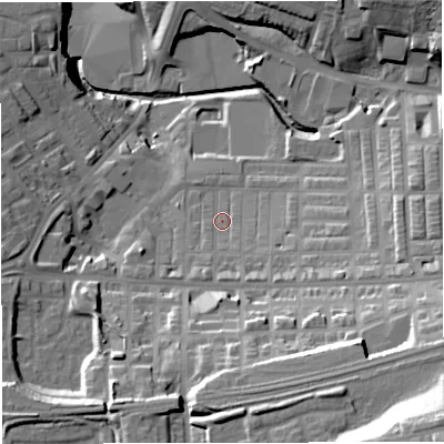 Shaded relief map of the ground around BB51SF, computed from Environment Agency LiDAR. The ground here sits at about 122 m above sea level and falls 46 m across the surrounding 800 m. Surface water reaching this point runs off ground lying to the south-south-east, 5.8 m higher.
