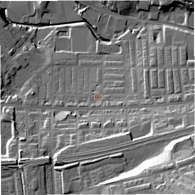 Shaded relief map of the ground around BB51SG, computed from Environment Agency LiDAR. The ground here sits at about 126 m above sea level and falls 58 m across the surrounding 800 m. Surface water reaching this point runs off ground lying to the east-south-east, 4.4 m higher.