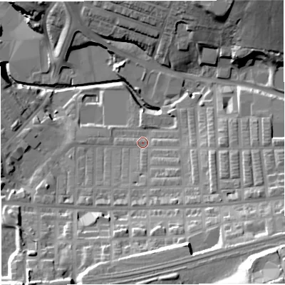 Shaded relief map of the ground around BB51SN, computed from Environment Agency LiDAR. The ground here sits at about 122 m above sea level and falls 47 m across the surrounding 800 m. Surface water reaching this point runs off ground lying to the south-east, 10.0 m higher.