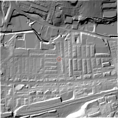 Shaded relief map of the ground around BB51SP, computed from Environment Agency LiDAR. The ground here sits at about 125 m above sea level and falls 46 m across the surrounding 800 m. Surface water reaching this point runs off ground lying to the east-south-east, 12.2 m higher.