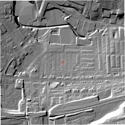 Shaded relief map of the ground around BB51SQ, computed from Environment Agency LiDAR. The ground here sits at about 123 m above sea level and falls 47 m across the surrounding 800 m. Surface water reaching this point runs off ground lying to the south, 3.6 m higher.