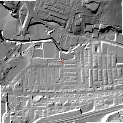 Shaded relief map of the ground around BB51SW, computed from Environment Agency LiDAR. The ground here sits at about 121 m above sea level and falls 43 m across the surrounding 800 m. Surface water reaching this point runs off ground lying to the south-east, 10.3 m higher.