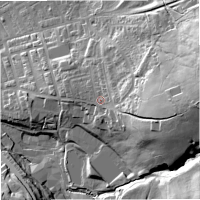Shaded relief map of the ground around BB52AN, computed from Environment Agency LiDAR. The ground here sits at about 173 m above sea level and falls 64 m across the surrounding 800 m. Surface water reaching this point runs off ground lying to the east, 35.4 m higher.