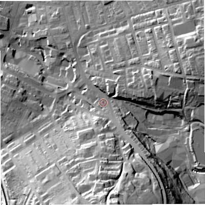 Shaded relief map of the ground around BB52BH, computed from Environment Agency LiDAR. The ground here sits at about 151 m above sea level and falls 64 m across the surrounding 800 m. Surface water reaching this point runs off ground lying to the south-south-east, 35.1 m higher.
