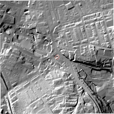Shaded relief map of the ground around BB52BJ, computed from Environment Agency LiDAR. The ground here sits at about 146 m above sea level and falls 54 m across the surrounding 800 m. Surface water reaching this point runs off ground lying to the south-south-east, 40.9 m higher.