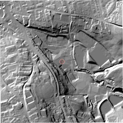 Shaded relief map of the ground around BB52BS, computed from Environment Agency LiDAR. The ground here sits at about 155 m above sea level and falls 68 m across the surrounding 800 m. Surface water reaching this point runs off ground lying to the south-south-west, 55.3 m higher.