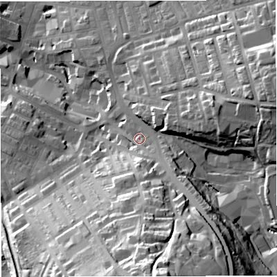 Shaded relief map of the ground around BB52BT, computed from Environment Agency LiDAR. The ground here sits at about 150 m above sea level and falls 64 m across the surrounding 800 m. Surface water reaching this point runs off ground lying to the south-south-east, 48.1 m higher.
