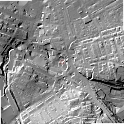 Shaded relief map of the ground around BB52BU, computed from Environment Agency LiDAR. The ground here sits at about 140 m above sea level and falls 46 m across the surrounding 800 m. Surface water reaching this point runs off ground lying to the south-east, 32.5 m higher.