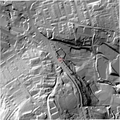 Shaded relief map of the ground around BB52BW, computed from Environment Agency LiDAR. The ground here sits at about 159 m above sea level and falls 69 m across the surrounding 800 m. Surface water reaching this point runs off ground lying to the south, 43.3 m higher.