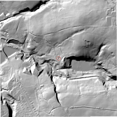 Shaded relief map of the ground around BB52DG, computed from Environment Agency LiDAR. The ground here sits at about 197 m above sea level and falls 88 m across the surrounding 800 m. Surface water reaching this point runs off ground lying to the east-north-east, 23.1 m higher.