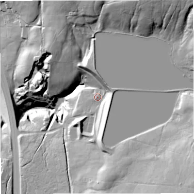 Shaded relief map of the ground around BB52DL, computed from Environment Agency LiDAR. The ground here sits at about 287 m above sea level and falls 76 m across the surrounding 800 m. Surface water reaching this point runs off ground lying to the east-north-east, 15.0 m higher.