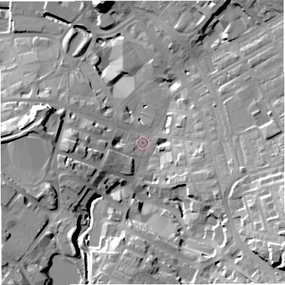 Shaded relief map of the ground around BB52EH, computed from Environment Agency LiDAR. The ground here sits at about 134 m above sea level and falls 33 m across the surrounding 800 m. Surface water reaching this point runs off ground lying to the south-east, 25.9 m higher.