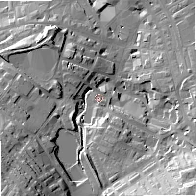 Shaded relief map of the ground around BB52EJ, computed from Environment Agency LiDAR. The ground here sits at about 141 m above sea level and falls 45 m across the surrounding 800 m. Surface water reaching this point runs off ground lying to the south-west, 38.3 m higher.
