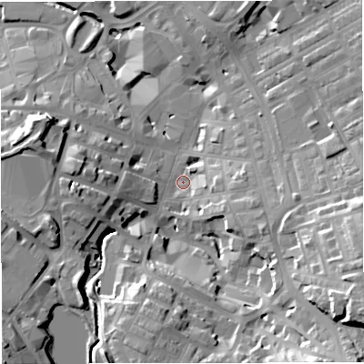 Shaded relief map of the ground around BB52EL, computed from Environment Agency LiDAR. The ground here sits at about 134 m above sea level and falls 33 m across the surrounding 800 m. Surface water reaching this point runs off ground lying to the south-east, 27.0 m higher.