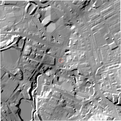 Shaded relief map of the ground around BB52EN, computed from Environment Agency LiDAR. The ground here sits at about 134 m above sea level and falls 36 m across the surrounding 800 m. Surface water reaching this point runs off ground lying to the south-east, 26.6 m higher.