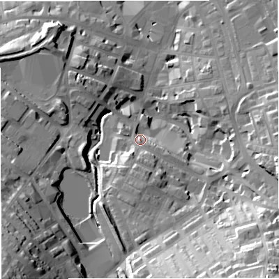 Shaded relief map of the ground around BB52ES, computed from Environment Agency LiDAR. The ground here sits at about 144 m above sea level and falls 47 m across the surrounding 800 m. Surface water reaching this point runs off ground lying to the south, 12.7 m higher.