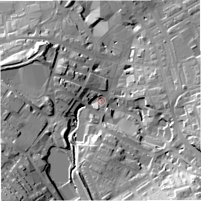Shaded relief map of the ground around BB52EW, computed from Environment Agency LiDAR. The ground here sits at about 136 m above sea level and falls 40 m across the surrounding 800 m. Surface water reaching this point runs off ground lying to the south-west, 30.3 m higher.