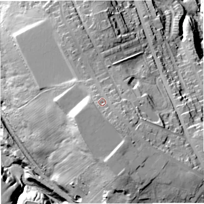 Shaded relief map of the ground around BB52JX, computed from Environment Agency LiDAR. The ground here sits at about 218 m above sea level and falls 55 m across the surrounding 800 m. Surface water reaching this point runs off ground lying to the south-south-east, 7.0 m higher.