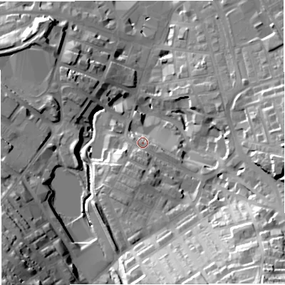 Shaded relief map of the ground around BB52NJ, computed from Environment Agency LiDAR. The ground here sits at about 145 m above sea level and falls 47 m across the surrounding 800 m. Surface water reaching this point runs off ground lying to the south-south-west, 7.3 m higher.