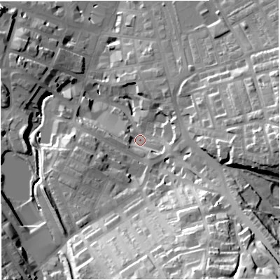 Shaded relief map of the ground around BB52NT, computed from Environment Agency LiDAR. The ground here sits at about 140 m above sea level and falls 50 m across the surrounding 800 m. Surface water reaching this point runs off ground lying to the south-south-east, 43.4 m higher.