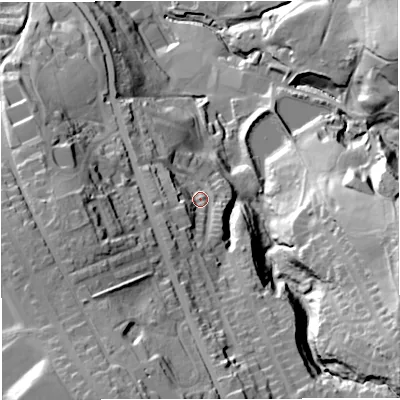 Shaded relief map of the ground around BB52PQ, computed from Environment Agency LiDAR. The ground here sits at about 183 m above sea level and falls 70 m across the surrounding 800 m. Surface water reaching this point runs off ground lying to the south-south-west, 19.5 m higher.