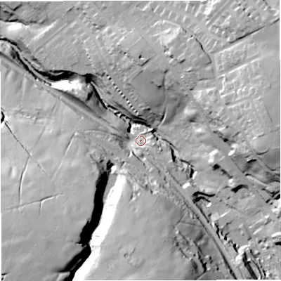 Shaded relief map of the ground around BB52RH, computed from Environment Agency LiDAR. The ground here sits at about 210 m above sea level and falls 76 m across the surrounding 800 m. Surface water reaching this point runs off ground lying to the south-west, 62.1 m higher.