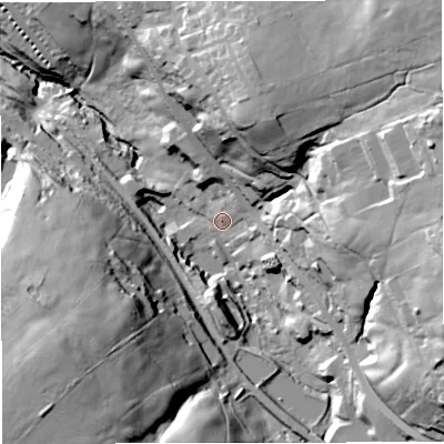 Shaded relief map of the ground around BB52RT, computed from Environment Agency LiDAR. The ground here sits at about 217 m above sea level and falls 65 m across the surrounding 800 m. Surface water reaching this point runs off ground lying to the east-north-east, 49.0 m higher.