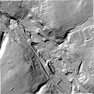 Shaded relief map of the ground around BB52RW, computed from Environment Agency LiDAR. The ground here sits at about 216 m above sea level and falls 66 m across the surrounding 800 m. Surface water reaching this point runs off ground lying to the east-north-east, 52.1 m higher.