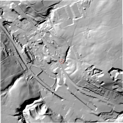 Shaded relief map of the ground around BB52RX, computed from Environment Agency LiDAR. The ground here sits at about 231 m above sea level and falls 72 m across the surrounding 800 m. Surface water reaching this point runs off ground lying to the east-north-east, 48.4 m higher.