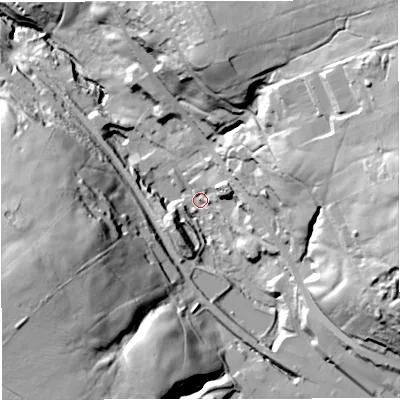 Shaded relief map of the ground around BB52SZ, computed from Environment Agency LiDAR. The ground here sits at about 215 m above sea level and falls 68 m across the surrounding 800 m. Surface water reaching this point runs off ground lying to the east, 56.7 m higher.