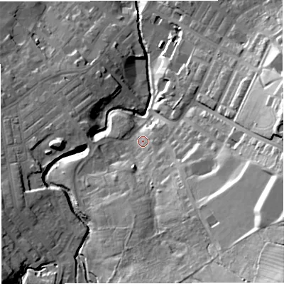 Shaded relief map of the ground around BB53BZ, computed from Environment Agency LiDAR. The ground here sits at about 151 m above sea level and falls 50 m across the surrounding 800 m. Surface water reaching this point runs off ground lying to the south-east, 39.1 m higher.