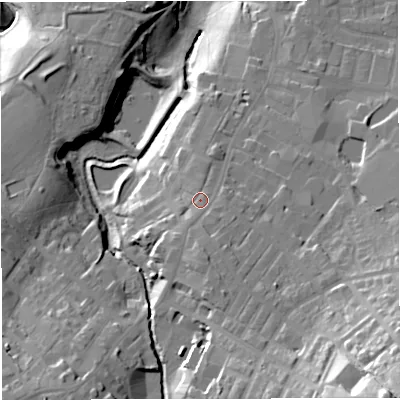 Shaded relief map of the ground around BB53DR, computed from Environment Agency LiDAR. The ground here sits at about 145 m above sea level and falls 51 m across the surrounding 800 m. Surface water reaching this point runs off ground lying to the south-south-east, 4.8 m higher.