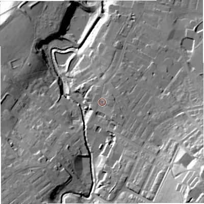 Shaded relief map of the ground around BB53DT, computed from Environment Agency LiDAR. The ground here sits at about 147 m above sea level and falls 50 m across the surrounding 800 m. Surface water reaching this point runs off ground lying to the east-north-east, 3.4 m higher.